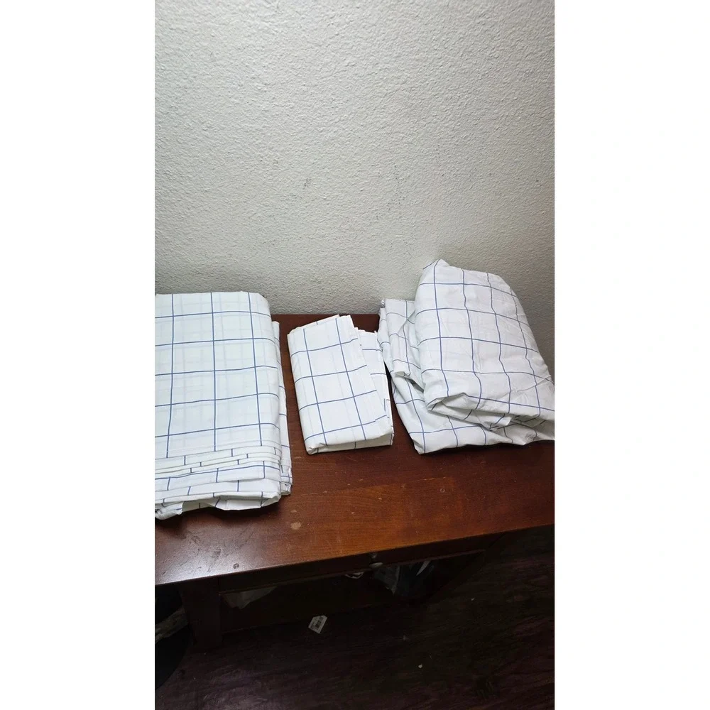 Ralph Lauren Windowpane Check Queen Sheet Set White Blue 100% Cotton Made in USA